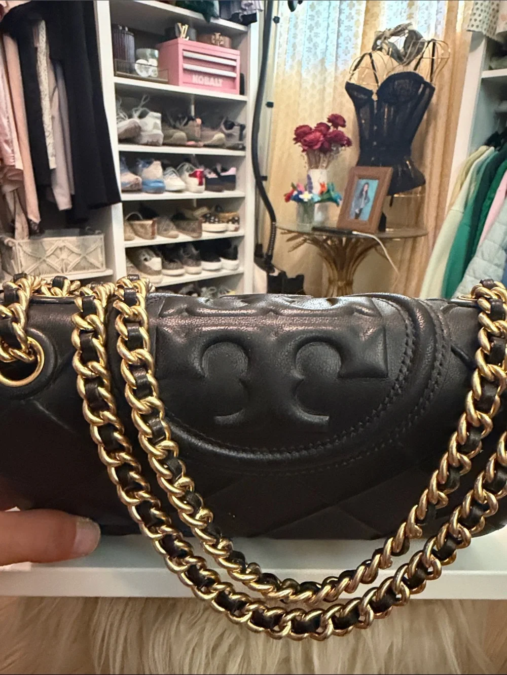 Tory Burch Fleming Black Quilted Leather Shoulder Bag with Gold Chain Strap